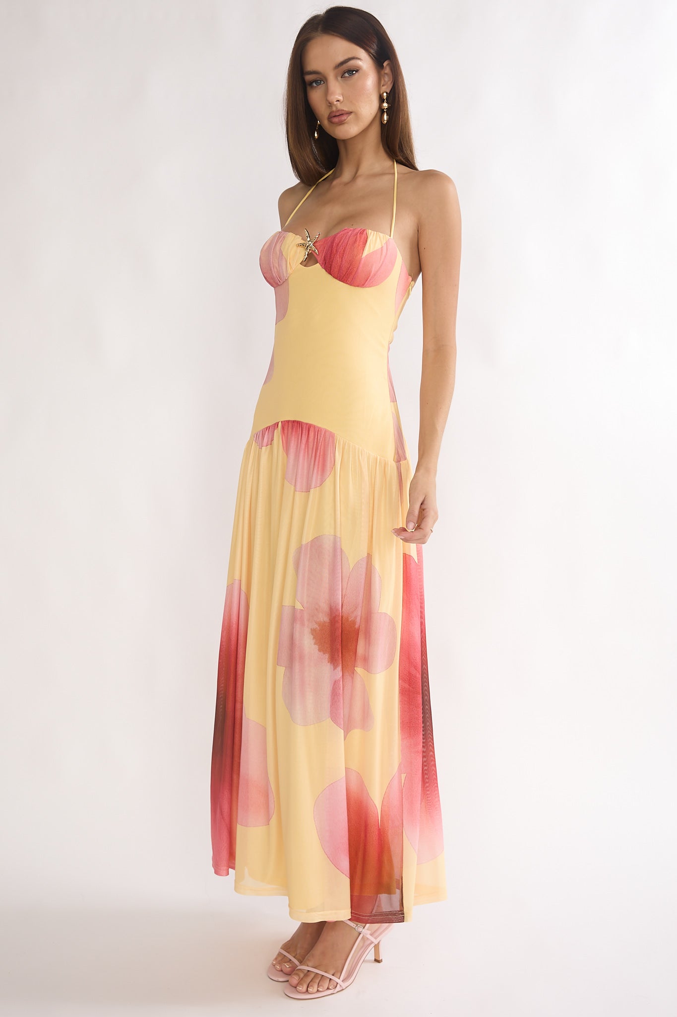 Justyne Drop Waist Halter Maxi Dress Floral Yellow