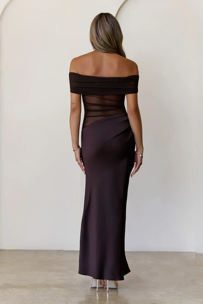 Veiled Whispers Off Shoulder Maxi Dress Brown