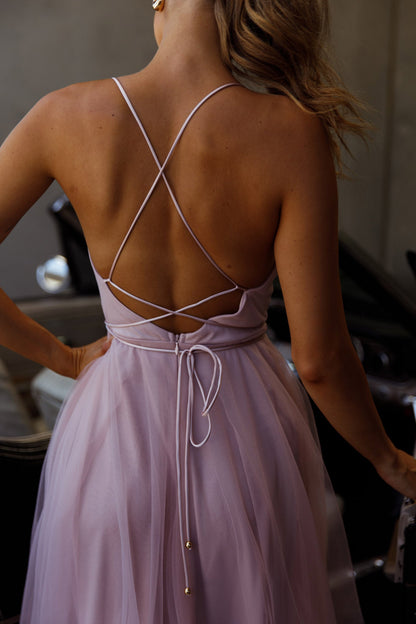 Floating By Pleated Neckline Mesh Midi Dress Blush