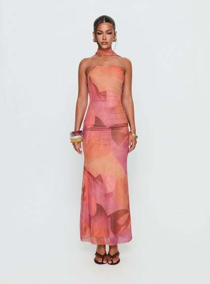 Davynn Scarf Detail Strapless Maxi Dress Pink Multi