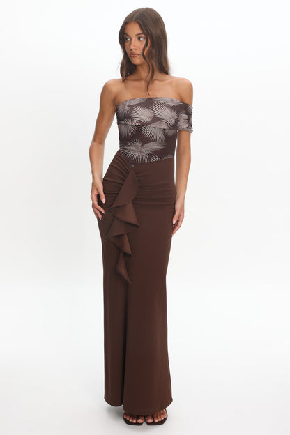Gala One-Shoulder Ruffle Maxi Dress Brown