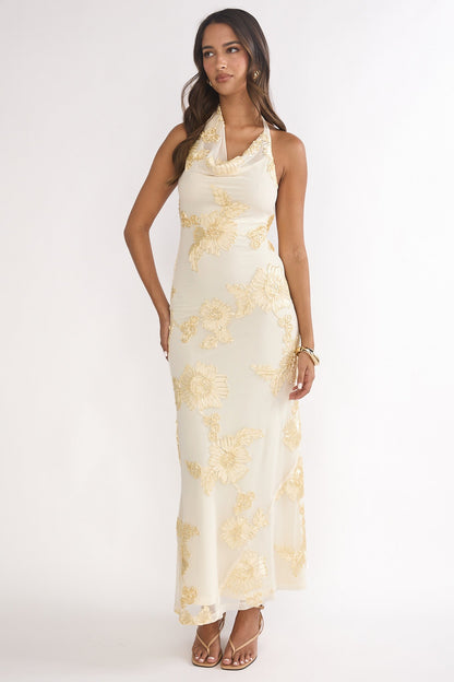 Kirralee Asymmetric Halterneck Embellished Maxi Dress Yellow