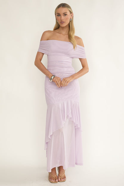 Kiarna Off-Shoulder Mesh Maxi Dress Lilac