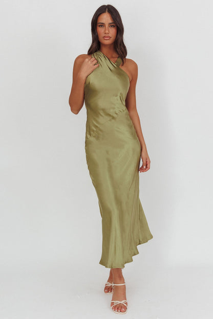 Florisse Asymmetric Neckline Maxi Dress Olive