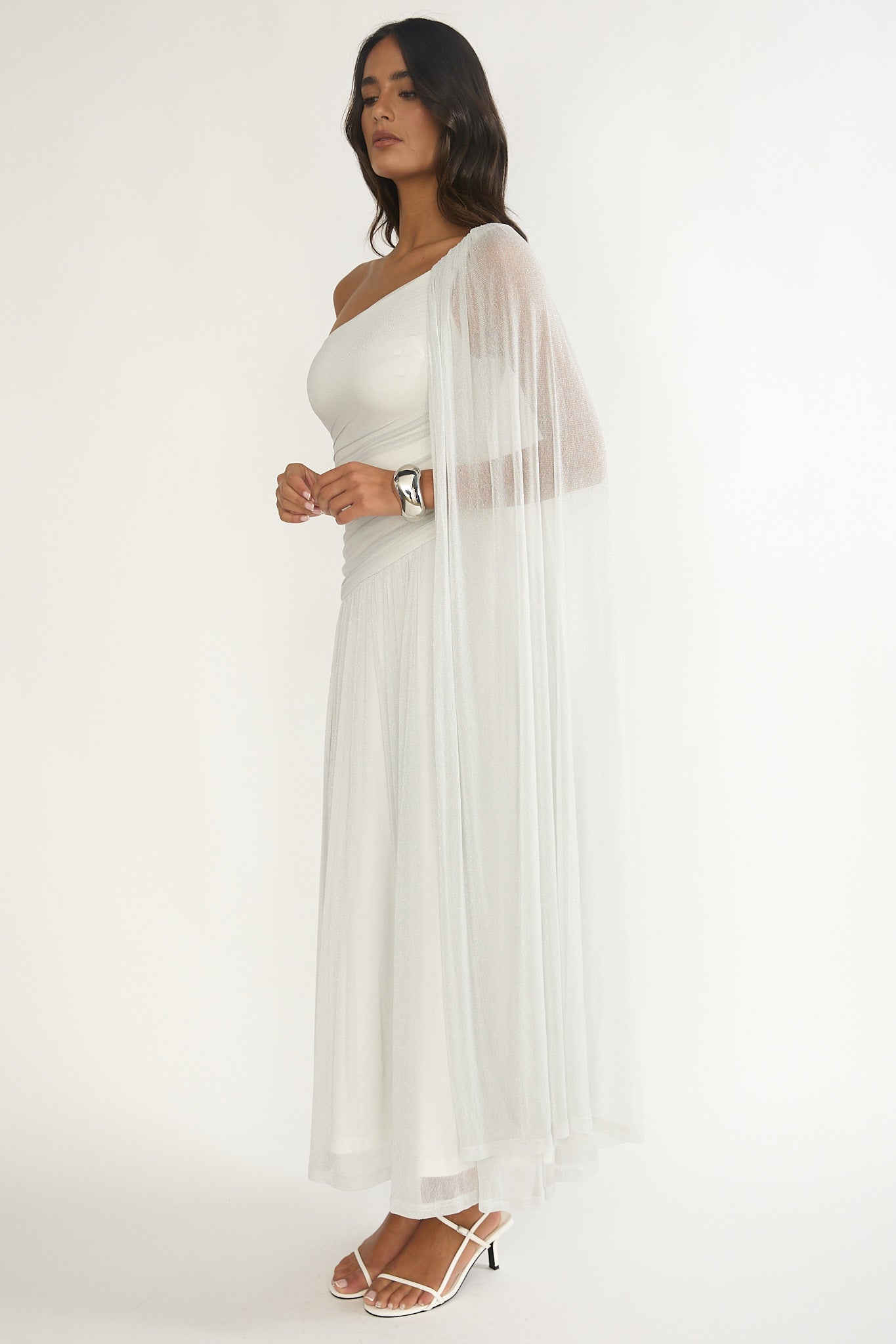 Zorina One-Shoulder Drape Maxi Dress Silver