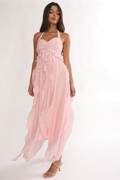 Spirit Frill Trim Halterneck Maxi Dress Pink
