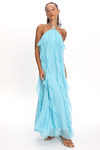 Cici Halterneck Ruffle Maxi Dress Aqua