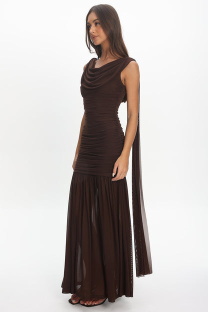 Rosellea Draped Shoulder Maxi Dress Chocolate