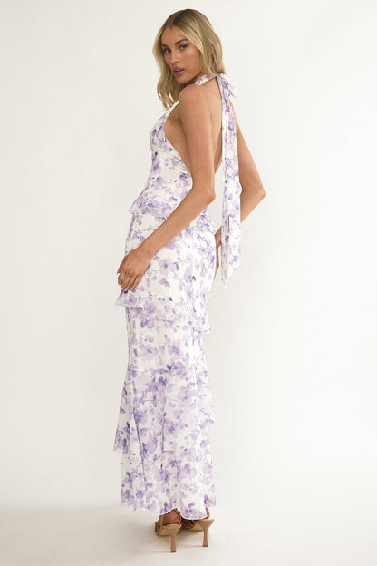 Cipriana Frill Trim Halter Maxi Dress Floral Purple