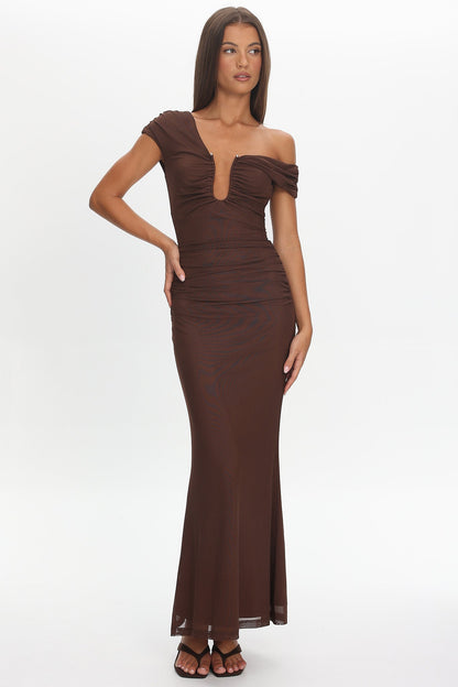 Raeva Ruched U-Neckline Maxi Dress Chocolate
