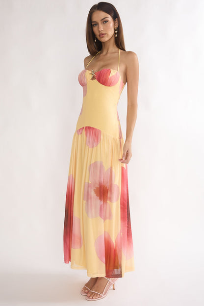 Justyne Drop Waist Halter Maxi Dress Floral Yellow