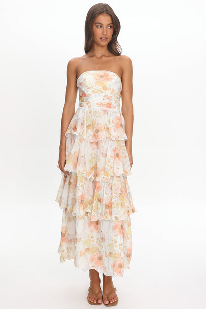 Giavana Strapless Layered Midi Dress Floral Beige
