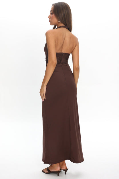 Mixed Feelings Ruched Bodice Halter Maxi Dress Chocolate