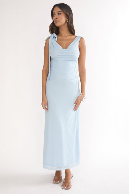 Cavelle Tie Shoulder Mesh Maxi Dress Blue