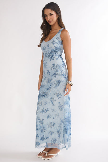 Elowra Mesh Maxi Dress Floral Blue