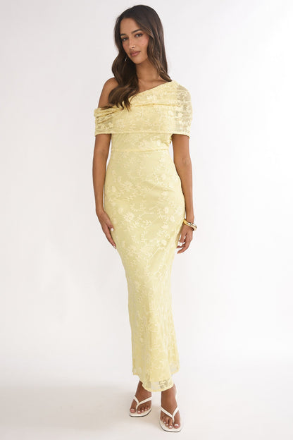 Elita Asymmetric Neckline Lace Maxi Dress Lemon