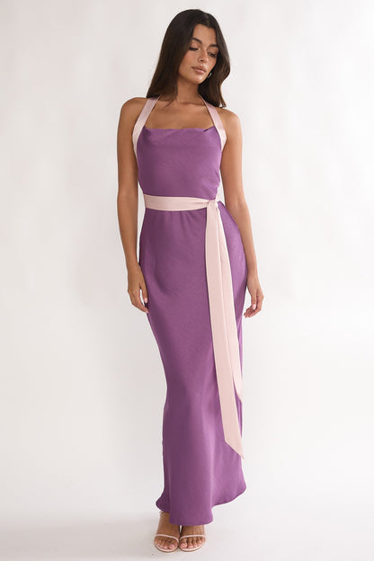 Elanah Waist Tie Halter Maxi Dress Grape