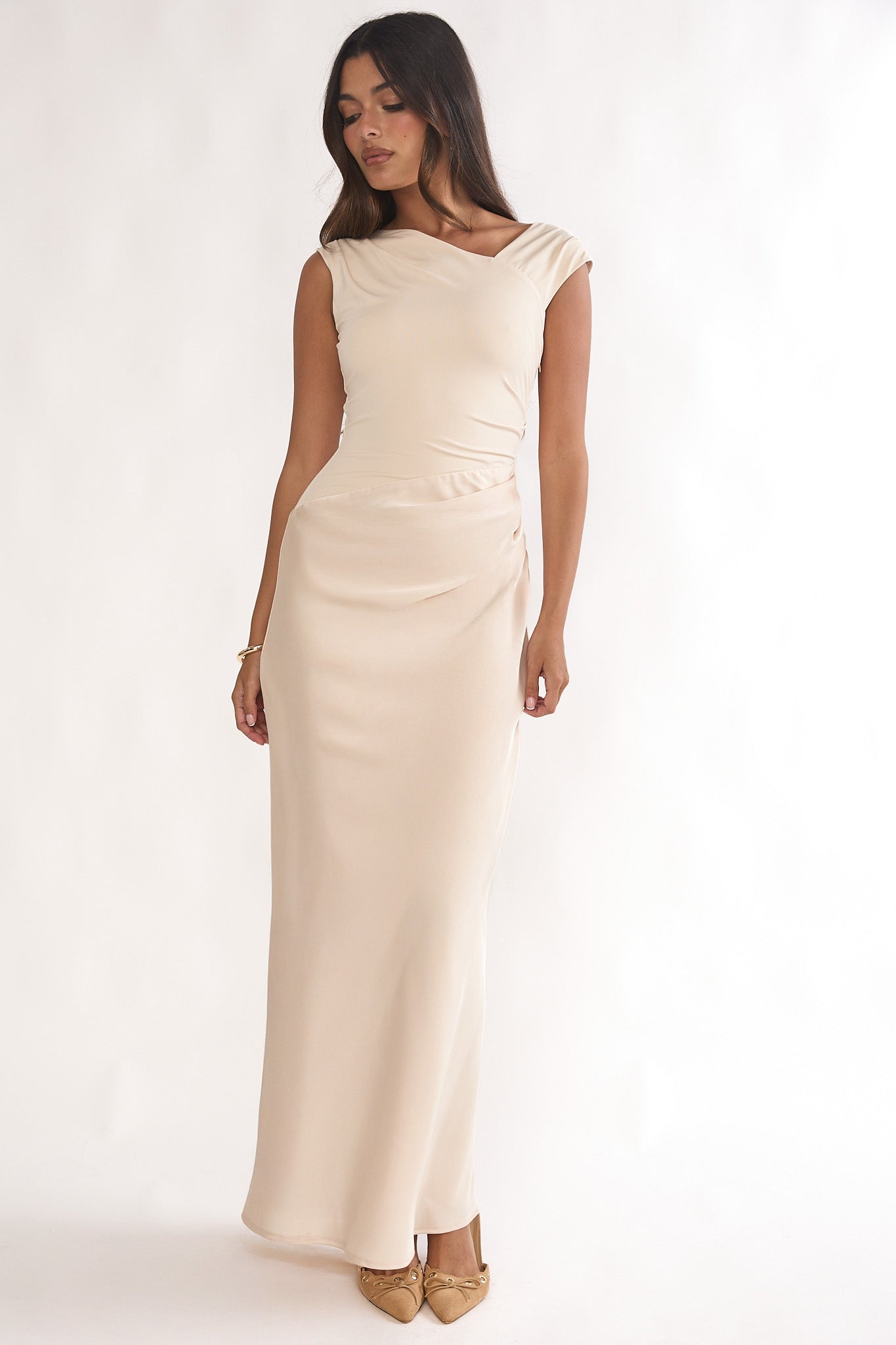 Brinelle Side Pleat Maxi Dress Ecru