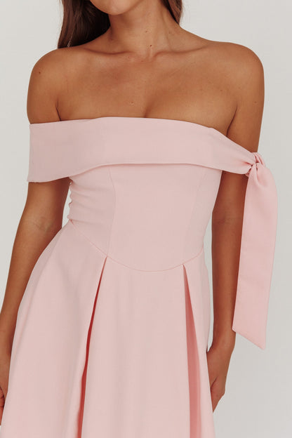 Aurora Sky Off-Shoulder Box Pleat Midi Dress Pink