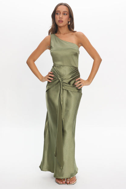 Luli One-Shoulder Waist Sash Maxi Dress Olive