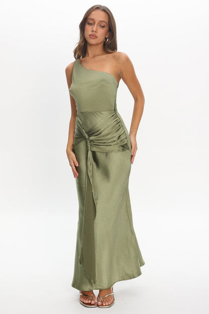 Luli One-Shoulder Waist Sash Maxi Dress Olive