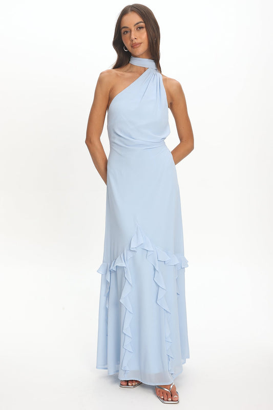 Lorielle One-Shoulder Ruffle Trim Maxi Dress Blue