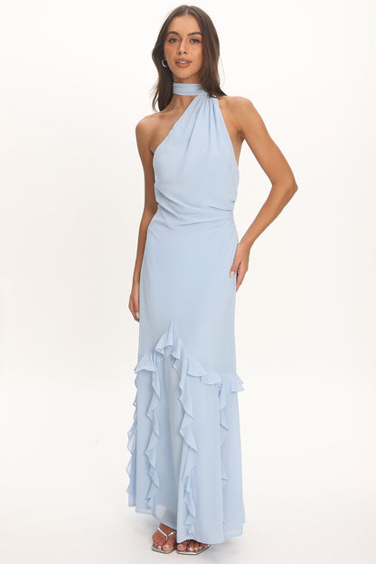 Lorielle One-Shoulder Ruffle Trim Maxi Dress Blue