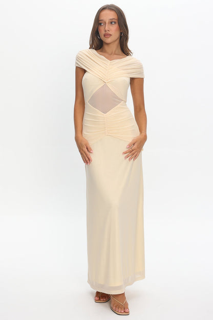 Reba Sheer Waist Ruched Maxi Waist Cream